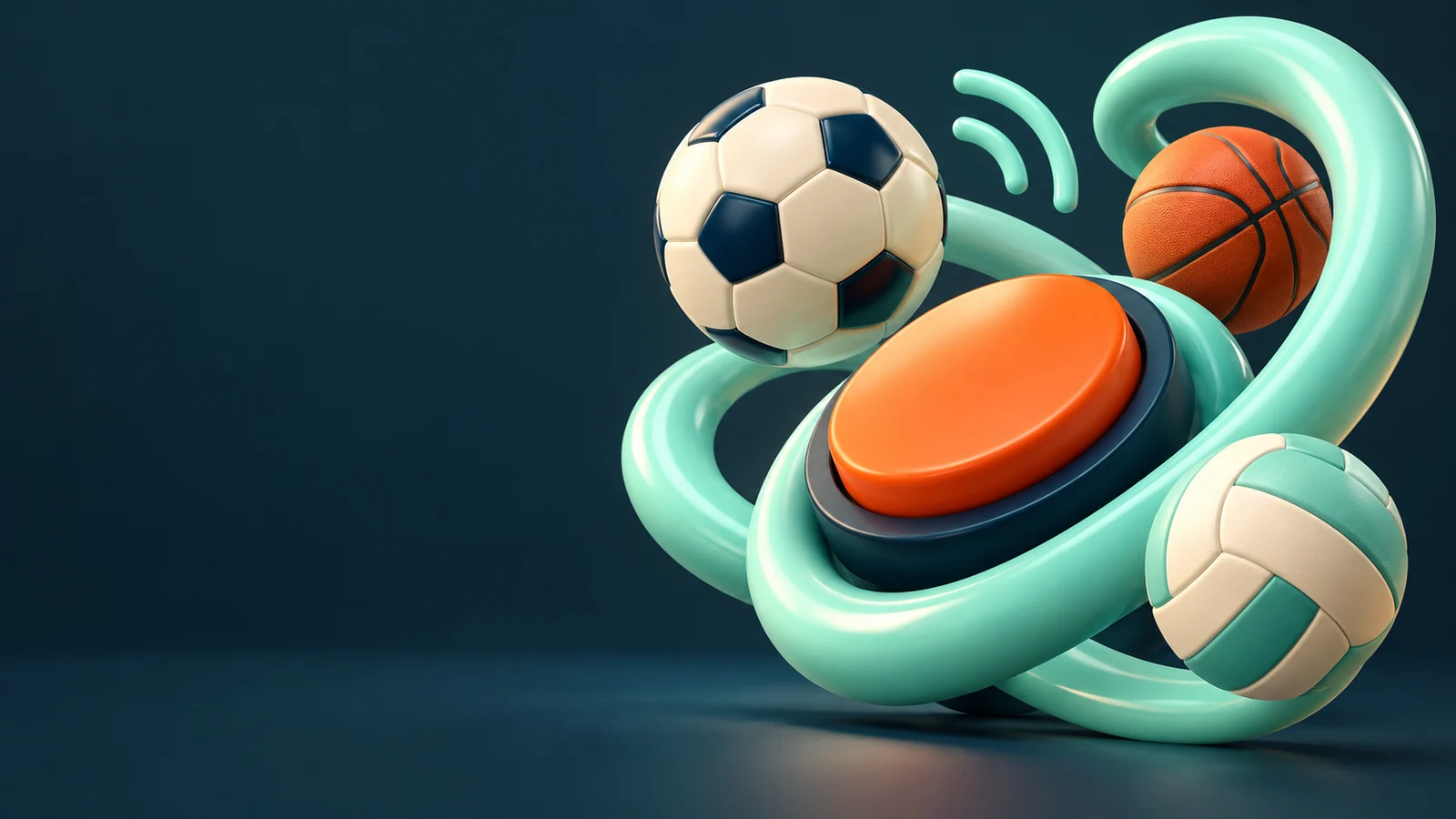 Mint sinyal halkaları ve turuncu kumanda düğmesi çevresinde futbol, basketbol ve voleybol topları